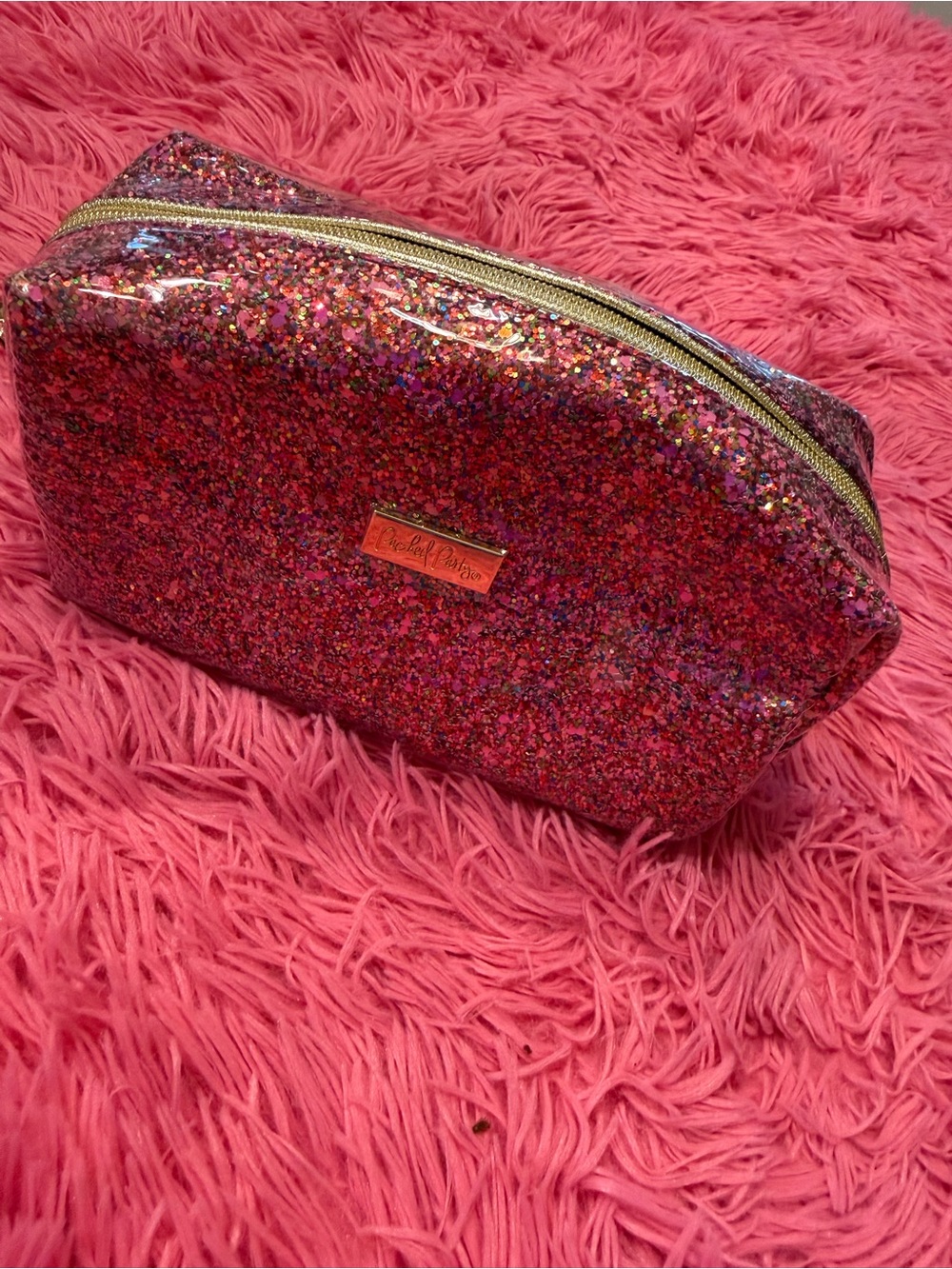 Packed Party Pink Glitter Cosmetic Bag with Gold Zipper